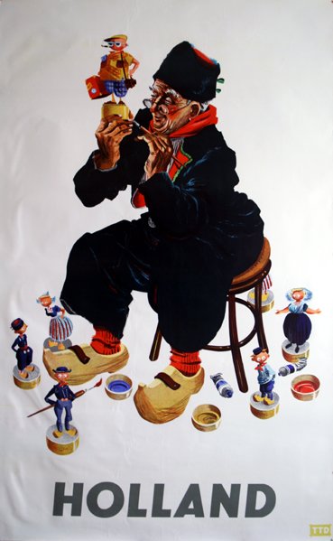 Original travel poster Holland: Fun and colourful original vintage travel advertising poster for Holland featuring a wooden toy maker. Good condition, creases, staining. Printed in Holland, 1960s, size 99.5x62cm.