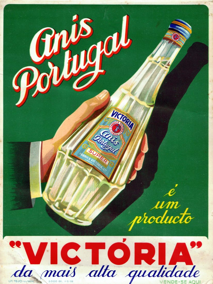 Original advertising poster Anis Alcohol Portugal: Anis Portugal Victoria Original vintage drink advertising poster printed on thicker paper for display in shops. Issued to promote an Anise-flavoured liqueur distilled by the Victoria plant in Lisbon, 