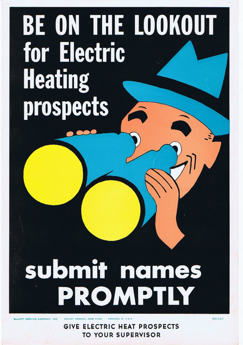 Original advertising poster Binoculars Electric: Be on the lookout for Electric Heating prospects Groovy original poster from the swinging 1960s advertising electric heating. Great graphics showing a man in a hat with binoculars. The message reads: 