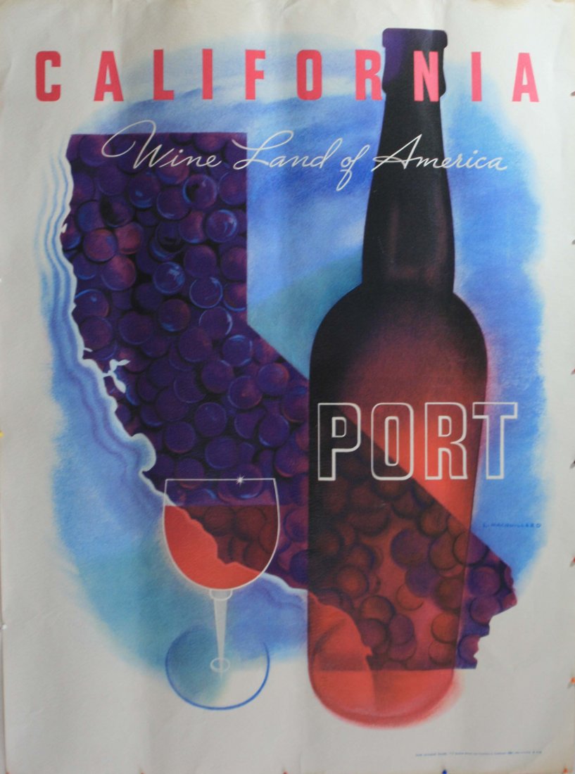 Original advertising poster California Port Wine USA: California Port Original vintage drink advertising poster for California - Wine Land of America - Port. Good condition, soiling. USA, 1958, artwork by Louis Macouillard, size 72.5x53