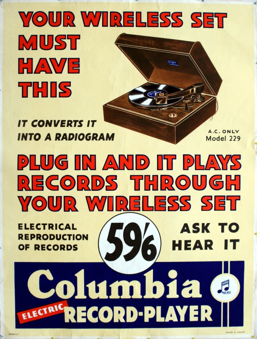 Original advertising poster Columbia gramophone Record: Columbia Electric Record Player, Model 229 Original vintage advertising poster for a Columbia electric record-player (gramophone), a must-have for any fan of vinyl or radio collector. Your wireless se