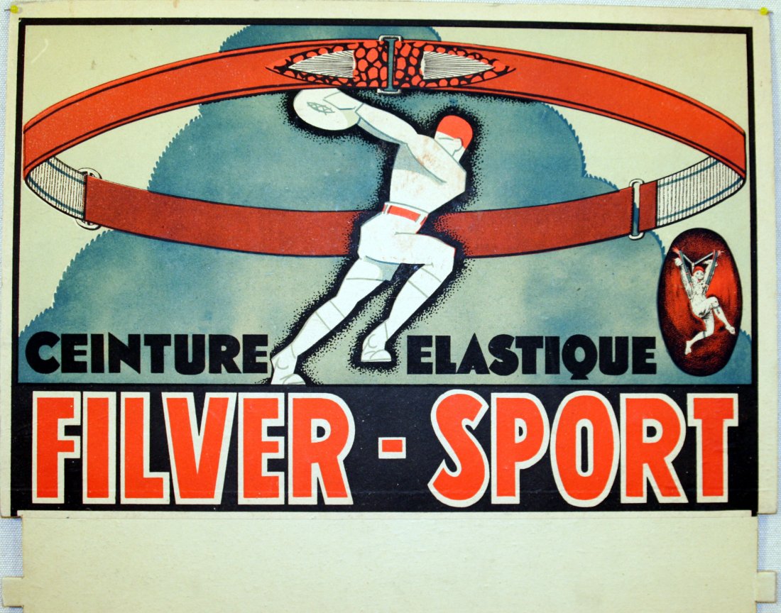Original advertising poster Art Deco Filver Sport: Filver Sport Elastic Belts Original vintage advertising for Filver Sport Elastic Belts. 1920s Art Deco display stand. Good condition, printed on board. France, 1920s, size 21.2x31.7cm