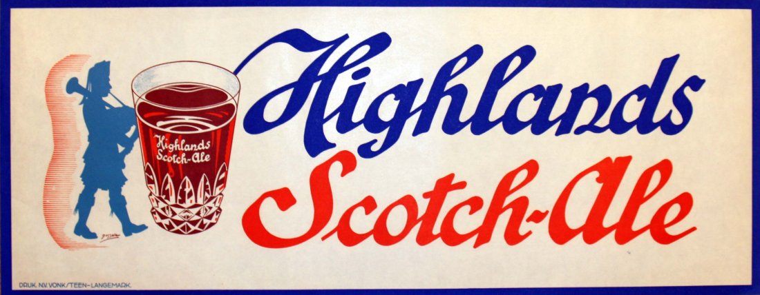Original advertising poster Highlands Scotch Ale Beer: Highlands Scotch-Ale Original vintage advertising poster for Highlands Scotch Ale (a type of beer), featuring a glass of the drink with a silhouette of a traditional Scottish bagpipe player wearing a 