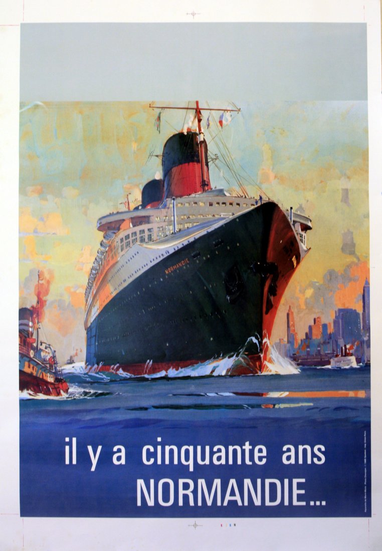 Original advertising poster Normandie Cruise Ship Line: Il y a 50 ans Normandie Original vintage poster issued to commemorate the 50th anniversary of the launch of this famous cruise ship. Printer's proof. Excellent condition. France, 1985, artwork by Mari