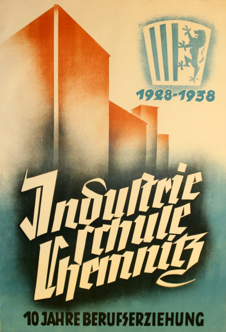 Original advertising poster Art Deco Germany Chemnitz: Industrial School Chemnitz Original vintage advertising poster celebrating the 10th anniversary of the Industrial School in Chemnitz, Germany - 10 years of professional education. Industrie Schule Che