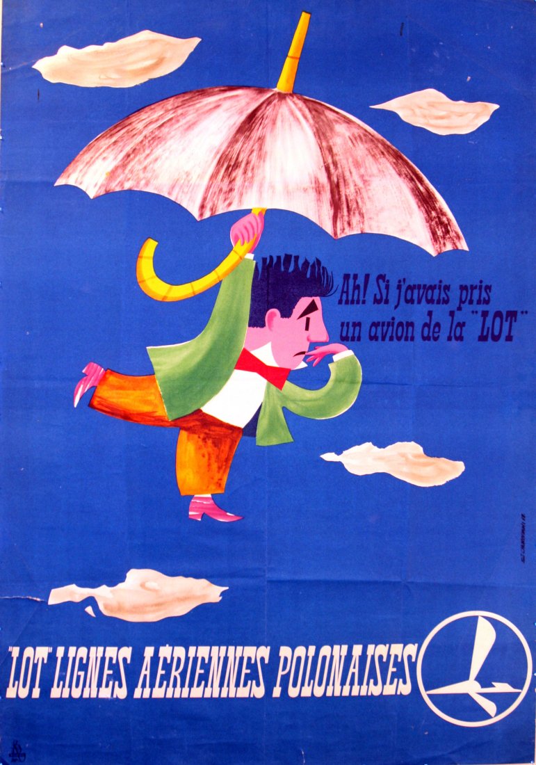 Original advertising poster LOT Airlines Poland: Lot Polish Airlines Original vintage advertising poster for LOT Polish Airlines (Polskie Linie Lotnicze LOT S.A.), one of the world's oldest running airline companies. Text in French reads: Ah! Si j'a