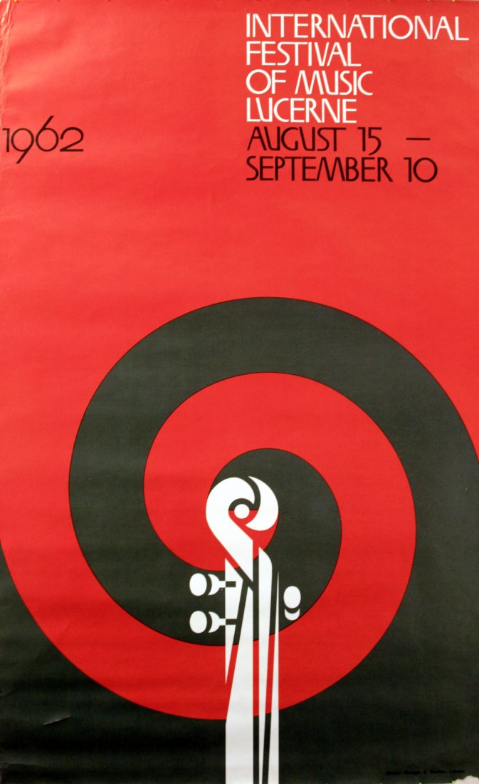 Original advertising poster Lucerne Music Switzerland: Lucerne Festival of Music International Festival of Music Lucerne August 15-September 10 1962. Very good condition, minor bumps on margins. Printed by Mengis & Sticher Luzern Switzerland. Switzerland,