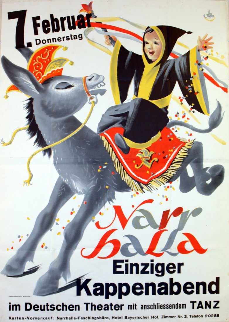 Original advertising poster Narrhalla Carnival Germany: Narrhalla Carnival Original vintage advertising poster: Narr halla, einziger kappenabend (single nightcap). Design by Ottler, Munich. 7/2 - Donnerstag (Thursday). Fair condition, folds, pinholes, repa