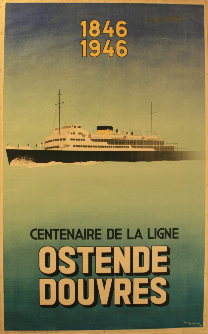 Original advertising poster Ostende Douvres Shipping: Ostende Douvres Shipping Line Original vintage advertising poster for Ostende Douvres Shipping Line celebrating its 100th anniversary 1846-1946. Elegant image of a cruise liner/ferry on a blue backgro