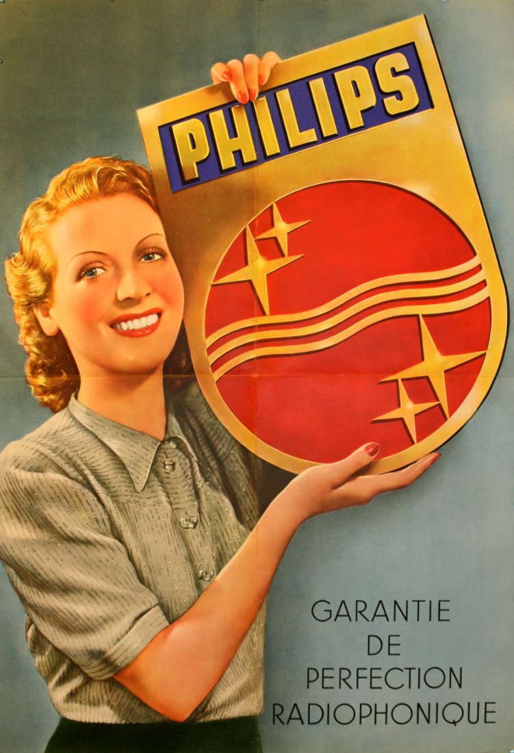 Original advertising poster Philips Radio-phonic: Philips - Radio-phonic Perfection Original vintage advertising poster for Philips, Garantie de Perfection Radiophonique. Good condition, folds. France, 1950s, size 58x40cm.