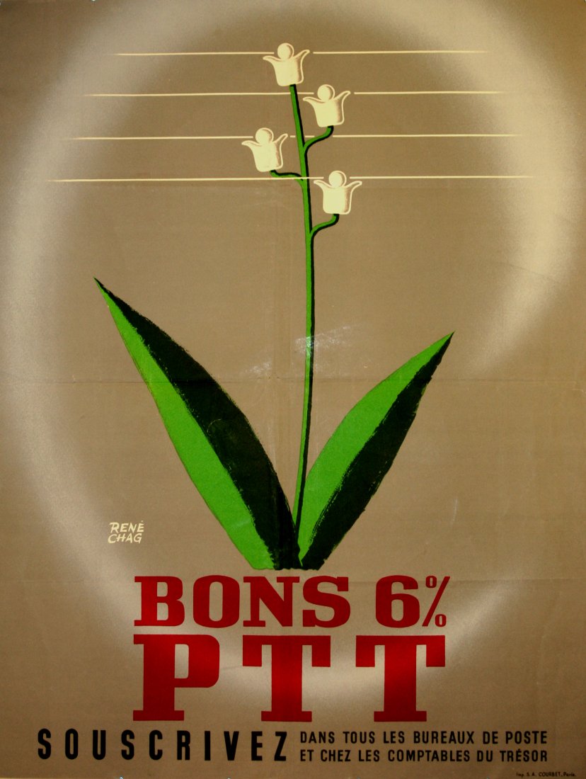 Original advertising poster Snowdrop Flowers France: Post Office Bond Original vintage poster for Post Office Bonds PTT 6%. Great image of a snowdrop flower as a telegraph pole. Printed by SA Courbet, Paris. Fair condition, minor tears on margins and fo