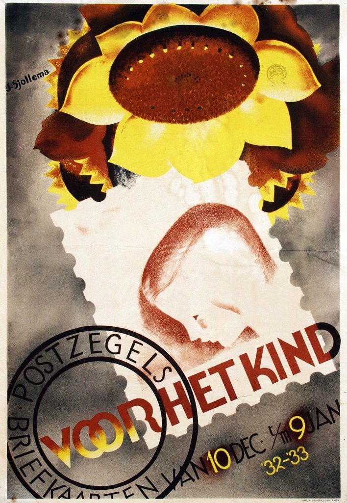 Original advertising poster Art Deco Children Charity: Stamps for the Children - Summer Original vintage advertising poster issued by the Dutch post office for a series of stamps in support of children. Great Art Deco graphics designed by Joop Sjollema to