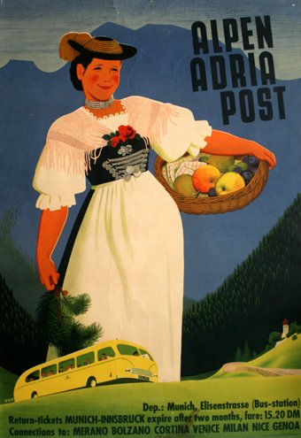 Original advertising poster Alpen Bus Germany: Original vintage lithograph advertising poster Alpen Adria Post Dep: Munich, Elisenstrasse (Bus-station) Promoting travel by a mountain bus service run by the Post Office. Return-tickets Munich-Innsbr