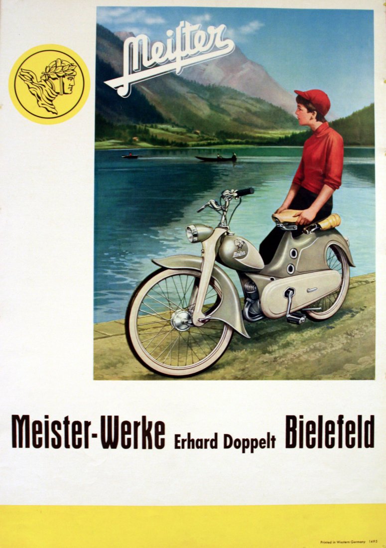 Original advertising poster Meister Scooter Gemany: Original vintage scooter moped advertising poster, Meister Scooter, featuring a boy or a young lady standing with the scooter and looking out across a lake with mountains in the background. Very good 