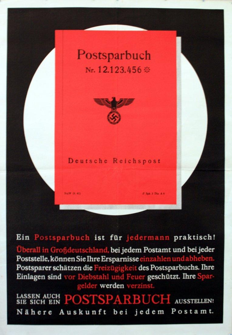 Original advertising poster Savings Nazi Germany: Original vintage lithograph advertising poster for a Postal Savings account. Bold graphics typical for a Nazi Germany propaganda deployed to promote savings accounts at the Deutsche Reichspost. Very g