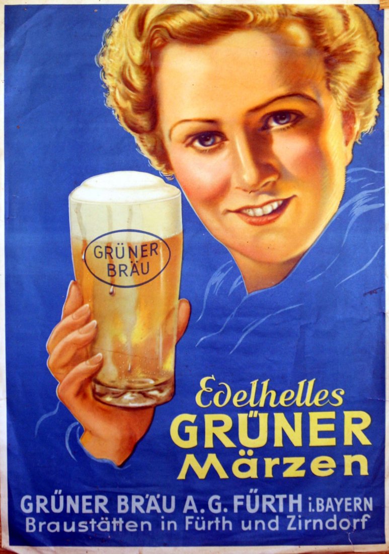 Original advertising poster Beer Germany: Original vintage drink advertising poster for a German beer, Edelhelles Gruner Marzen, featuring a lady holding up a glass of beer. Gruner Brau, AG Furth, i. Bayern, Braustatten in Furth und Zurndorf.