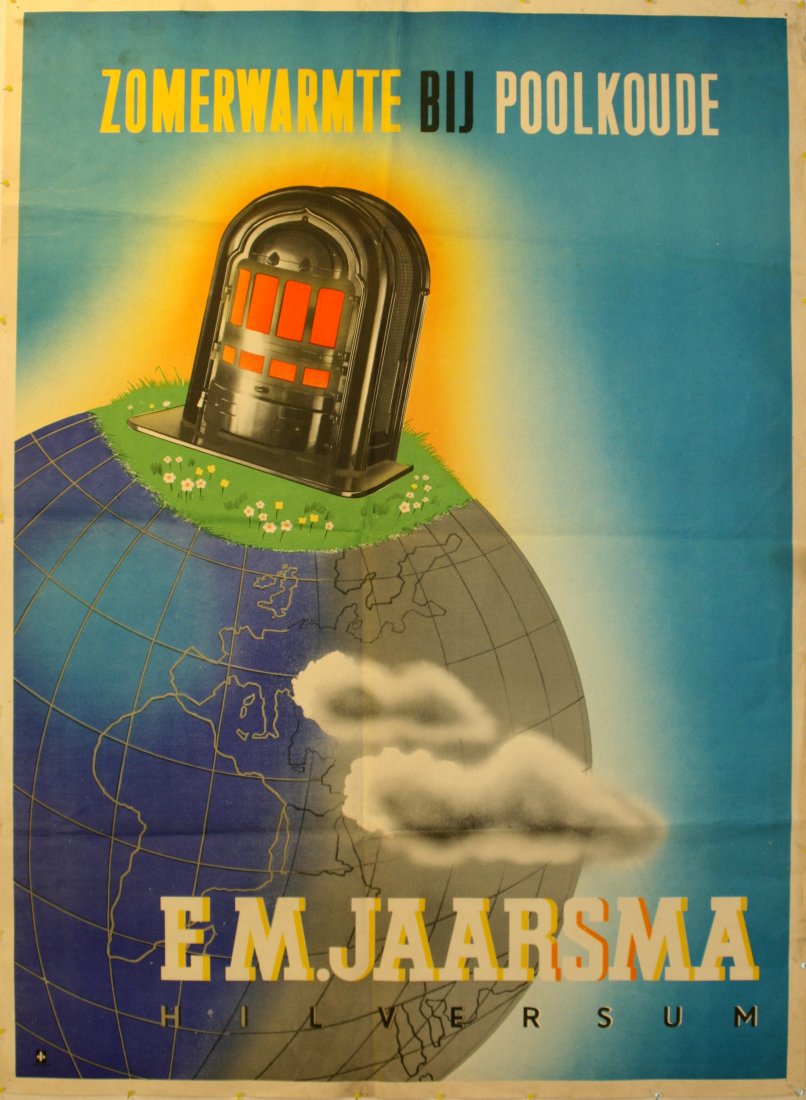 Original advertising poster Jaarsma Heaters Belgium: Original vintage advertising poster for Jaarsma heaters. Summer warmth on the North Pole. Em. Jaarsma, Hilversum. Good condition, folds, minor soiling. Printed in Belgium, 1930s, size 65x47.5cm.
