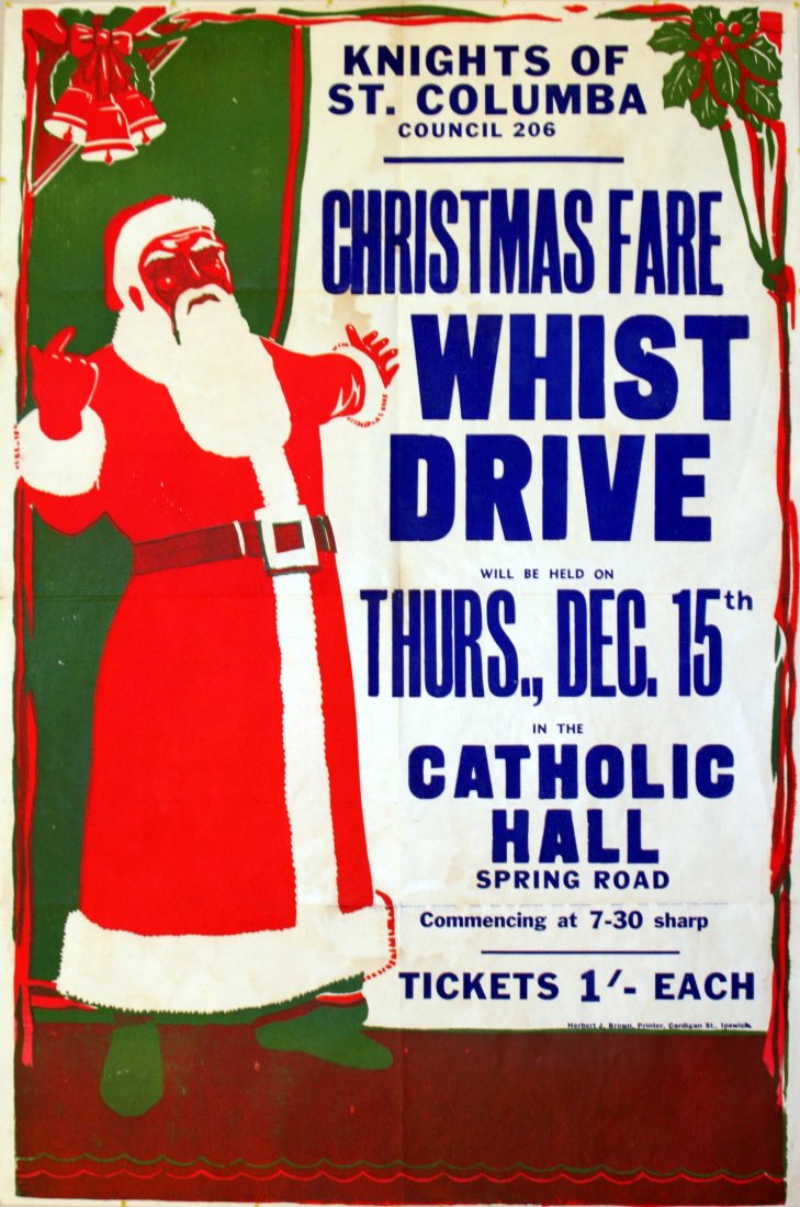 Original advertising poster Christmas Fare Whist Drive: Original vintage advertising poster for a Christmas Fare Whist Drive issued by the Knights of St Columba Council 206, to be held on 15th December in the Catholic Hall. The Knights of St Columba is a C