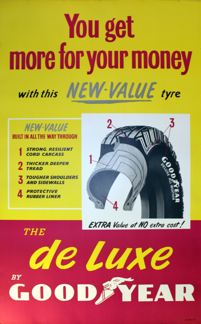 Original advertising poster Deluxe Goodyear Tyres: Original vintage advertising poster for the Deluxe All Weather Goodyear Tyres. The de Luxe by Good Year, you get more for your money with this new value tyre. Excellent condition. Printed in Great Bri