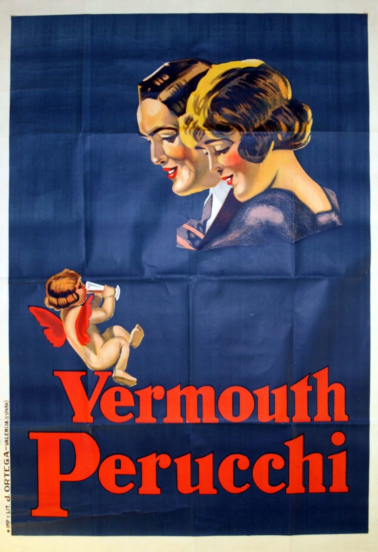 Original Alcohol Advertising Poster Vermouth Perucchi: Original vintage drink advertising lithograph poster for Vermouth Perucchi fortified wine aperitif, featuring a man and lady looking down at a cherub drinking from a glass above the text. Perucci is V