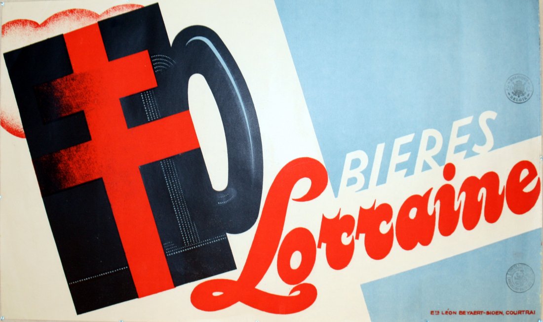 Original Vintage Poster Beer Advertising Art Deco 1930: Beer Lorraine Original vintage lithograph drink advertising poster for Beer Lorraine. Art Deco graphics. Very good consition, light fold lines, two tax duty stamps.Printed in Belgium, 1930s, size(cm)