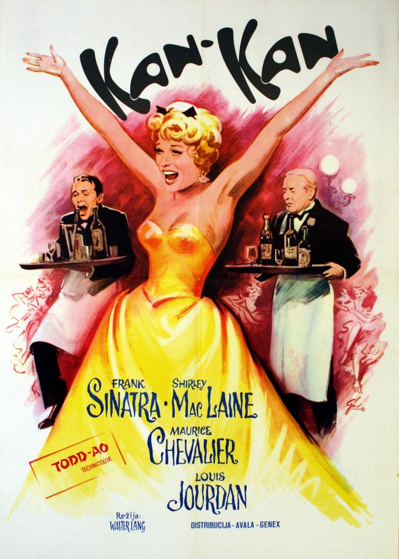 Original movie poster Can Can Sinatra MacLaine: Can-Can Original vintage cinema poster for a musical comedy, Can Can, starring Frank Sinatra, Shirley MacLaine, Maurice Chevalier and Louis Jourdan. Fun and colourful image of a lady in the foreground