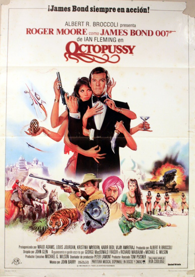 Original movie poster Jame Bond Octopussy Roger Moore: James Bond Octopussy (Spanish release) Original vintage cinema poster for the 007 James Bond movie, Octopussy, starring Roger Moore, Maud Adams and Louis Jourdan. Spanish issue. Fair condition, folded