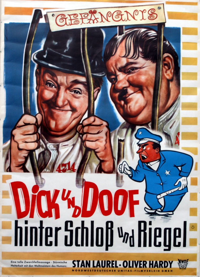 Original movie poster Laurel and Hardy Pardon Us Rap: Pardon Us Original vintage cinema poster for the German language re-release of Stan Laurel and Oliver Hardy's first feature length comedy film from 1931, Pardon Us (aka The Rap, Jailbirds) - Dick und 