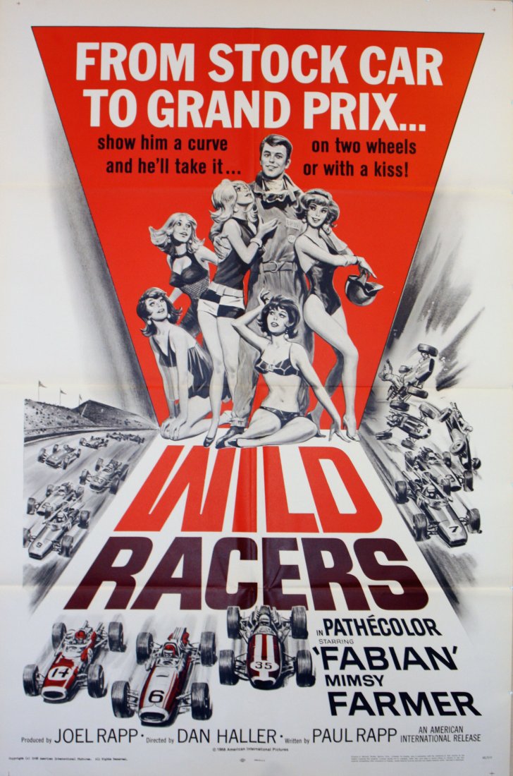 Original movie poster Racers Stock Car Grand Prix: The Wild Racers Original vintage movie poster for the film, The Wild Racers: "From Stock Car To Grand Prix... show him a curve and he'll take it... on two wheels or with a kiss!" starring Fabian as Jo