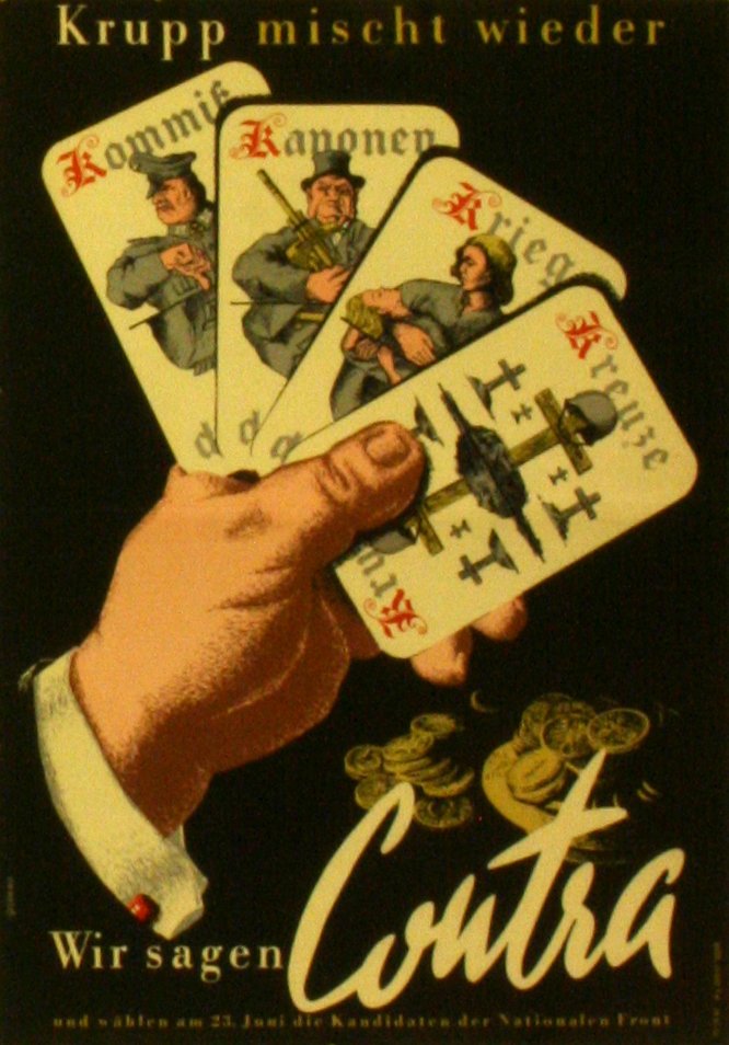 Original political propaganda poster Germany Krupp: Contra Krupp Original vintage propaganda poster: Krupp mischt wieder, wir sagen nein - Krupp changes - we say no. Image of a handful of cards - kommik, kanonen, krieg, kreuze. Very good condition, fol