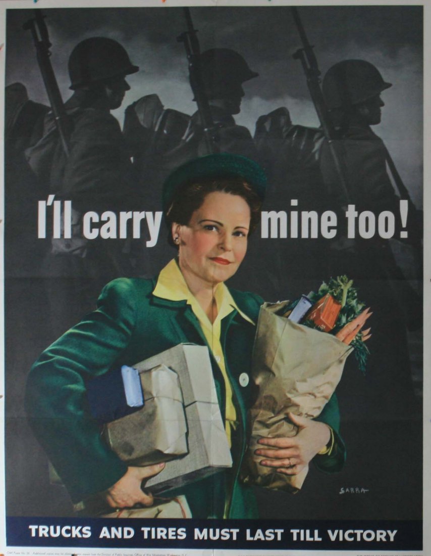 Original WWII propaganda poster USA Home Front: I'll Carry Mine Too! Original vintage World War Two poster: I'll carry mine too! Trucks and tires must last till victory. USA, 1943, artwork by Sarra, size 77x55cm