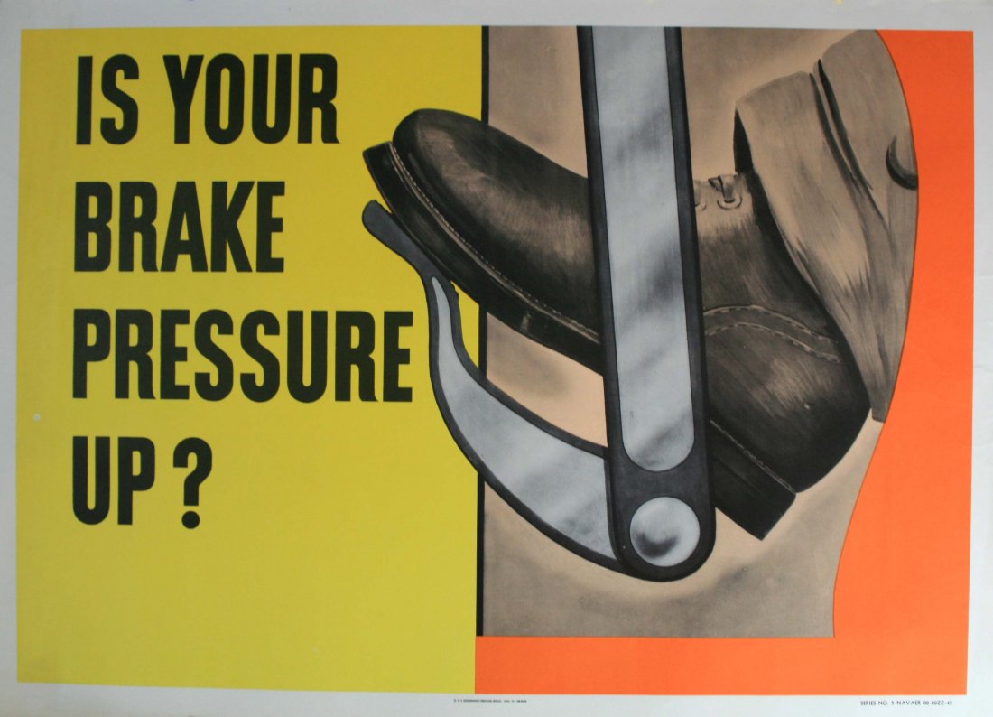 Original cold war propaganda poster US Air Force pilots: Is Your Brake Pressure Up? Original vintage US government safety poster for US Air Force pilots. One of a series printed during the Cold War, around the time of the Korean War. Very good condition. US