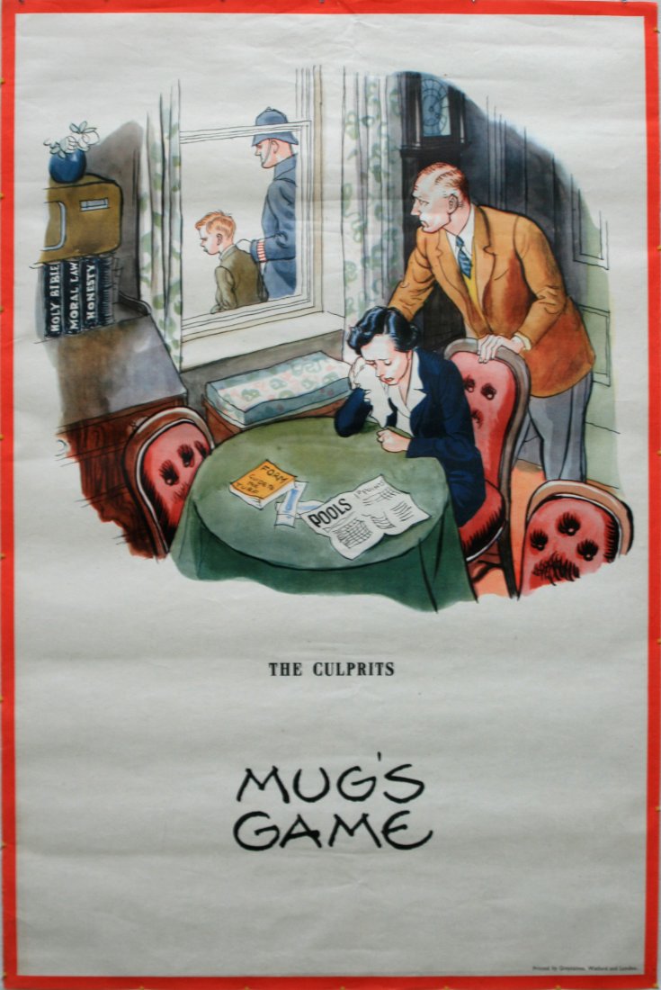 Original anti gambling horse betting propaganda poster: Mug's Game Original vintage propaganda poster, Mug's Game, featuring a picture of a boy being led away by a policeman leaving his parents crying at the table with their son's horse racing and the pool