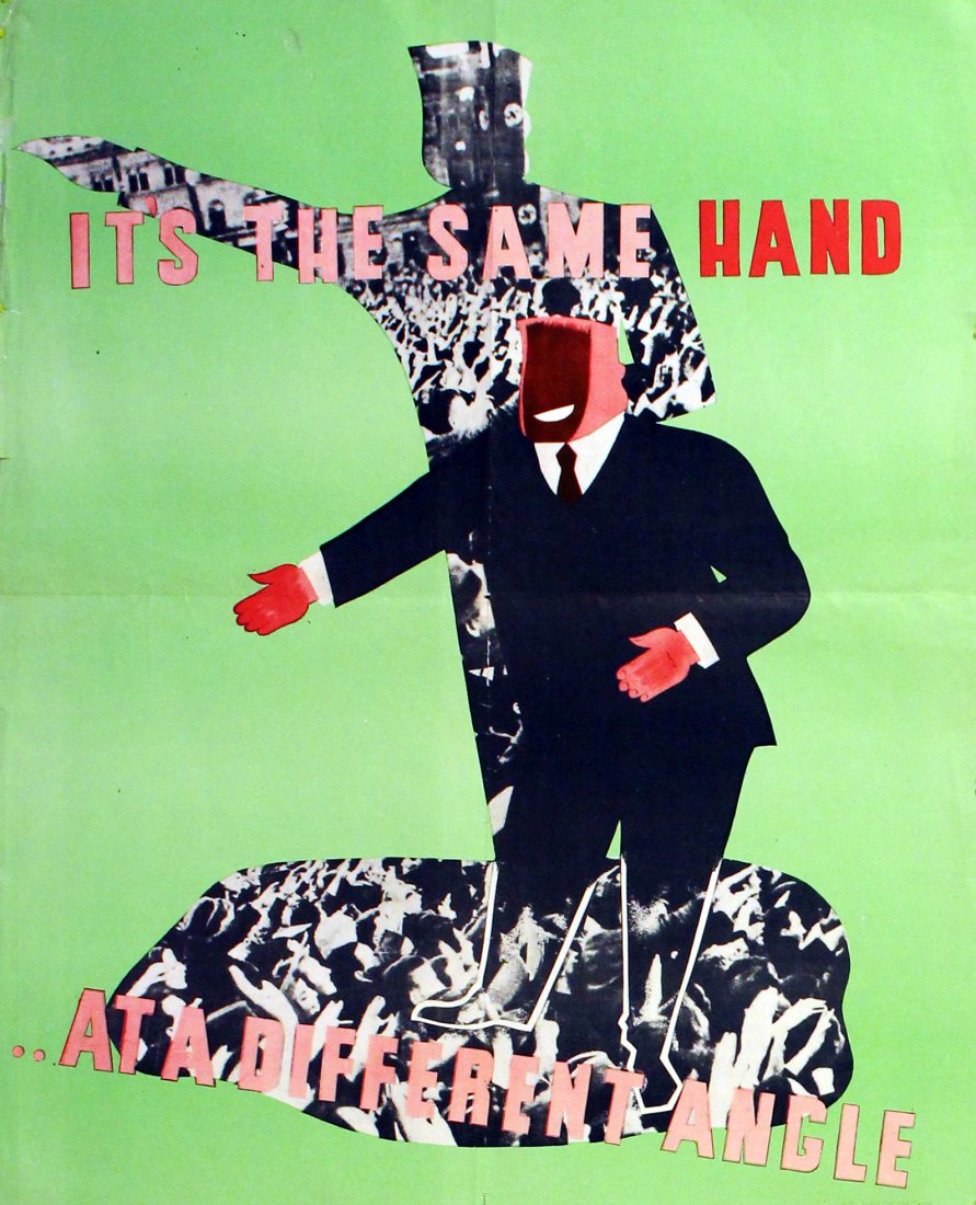 Original propaganda poster anti Nazi photomontage USA: WWII Anti-Nazi Propaganda Poster Original vintage anti-Nazi propaganda poster issued before the beginning of World War Two showing a figure of a Nazi salute behind a businessman reaching out for a han