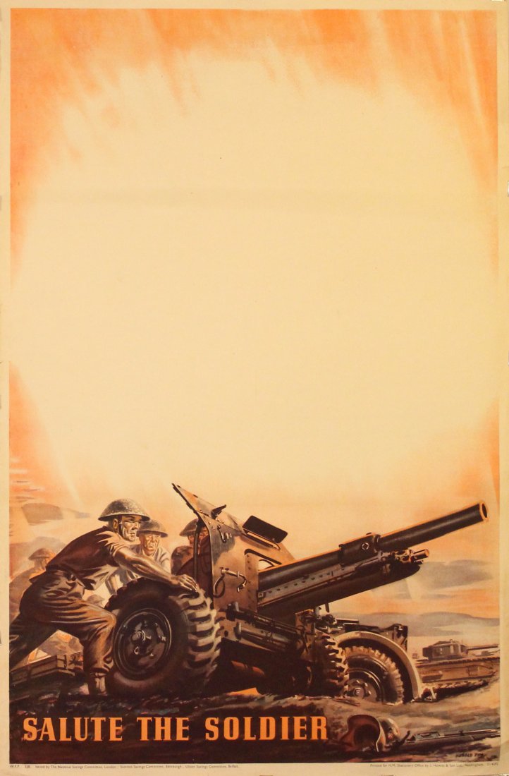 Original WWII propaganda poster cannon soldier UK: Salute the Soldier - artillery, WWII Original vintage World War Two poster: Salute the Soldier - artillery. Great image of soldiers manning a cannon in a battlefield with tanks advancing in the backgr