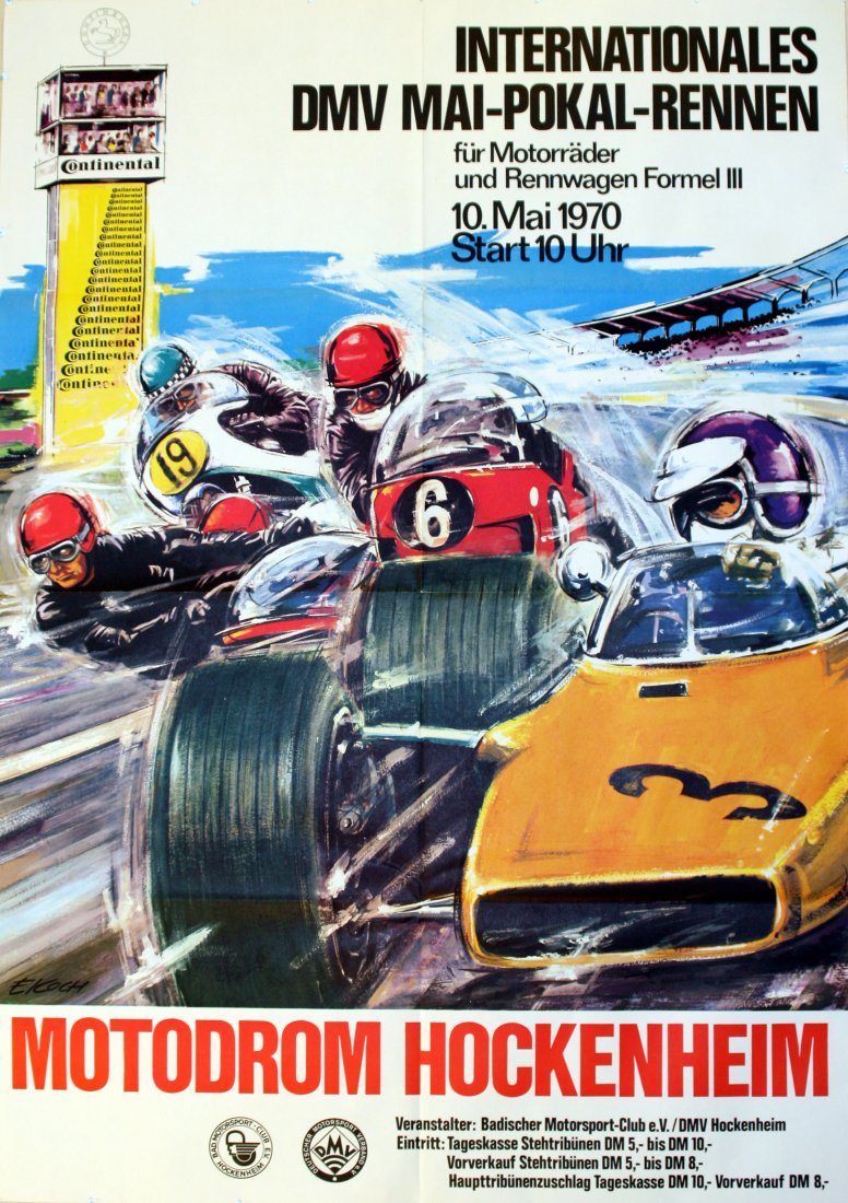 Original car racing poster motorcycle Formula 3: Motorcycle and Formula 3 Race 1970 Original vintage sports poster promoting international competition for motorcycles and Formula Three cars at Motodrom Hockenheim 10 May 1970. Dynamic image of a moto