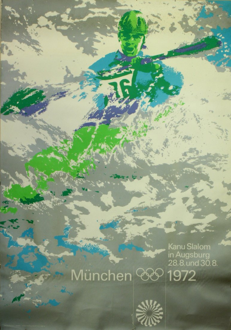 Original sports poster Munich Olympics 1972 - Kayaking: Munich Olympics 1972 - Kayaking Original vintage sports poster for the Munich Olympics, Augsburg Canoe Slalom. Photo of a canoe on a water ride by Erich Baumann. Poster designed by Otl Aicher. Good co