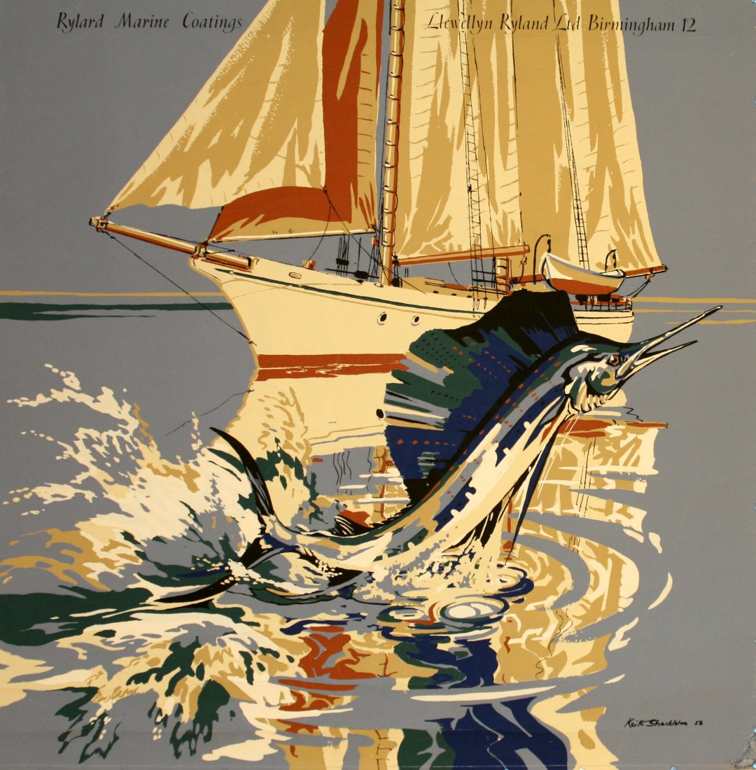Original poster Ryland Yacht Marlin sailing fishing: Ryland - Yacht and Marlin Original vintage poster featuring a great image of a marlin fish jumping out of the water in front of a sailing boat. Designed by renowned British painter, television present