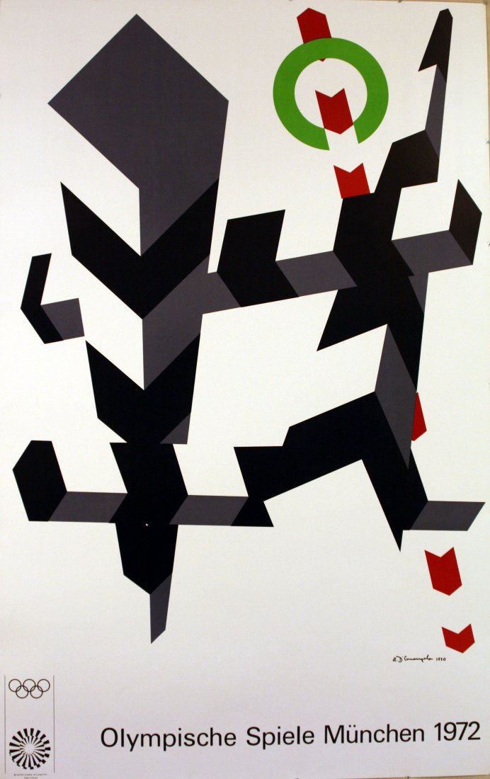 Original vintage Olympic Games Poster Munich 1972: Original vintage poster advertising the 1972 Summer Olympics in Munich (Olympische Spiele Munchen). This Munich Olympic poster signed by artist Allan D'Arcangelo is one of the series of posters by var