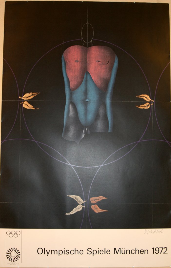 Original vintage Olympic Games Poster Munich Torso: Original vintage poster advertising the 1972 Summer Olympics in Munich (Olympische Spiele Munchen). This Munich Olympic poster designed by Paul Wunderlich features and a male torso and is one of the s