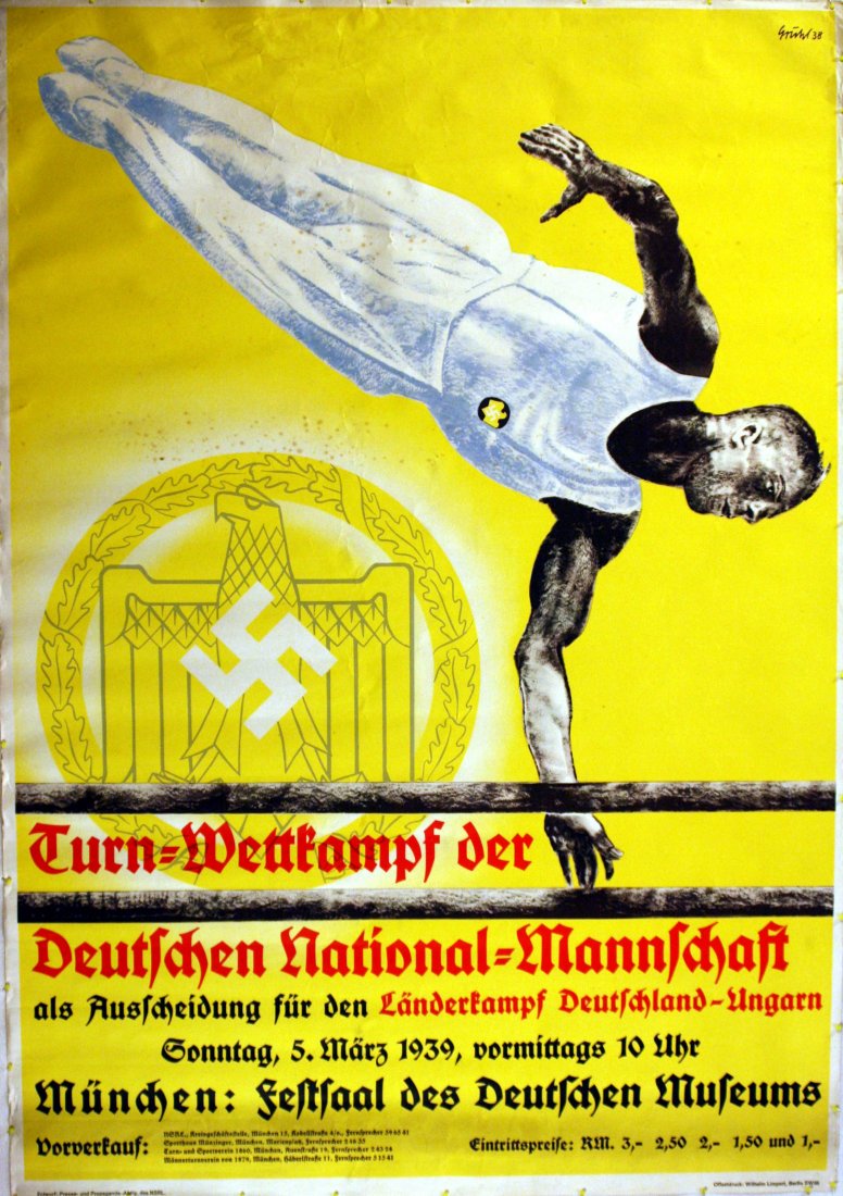 Original Sports Poster Gymnastics Nazi Germany 1939: Original vintage sports poster for a gymnastics event on Sunday 5 March 1939. Turn-wettkampf der Deutschen national mannschaft als auscheidung fur den landerkamf Deuschland-Ungarn. Competition of the