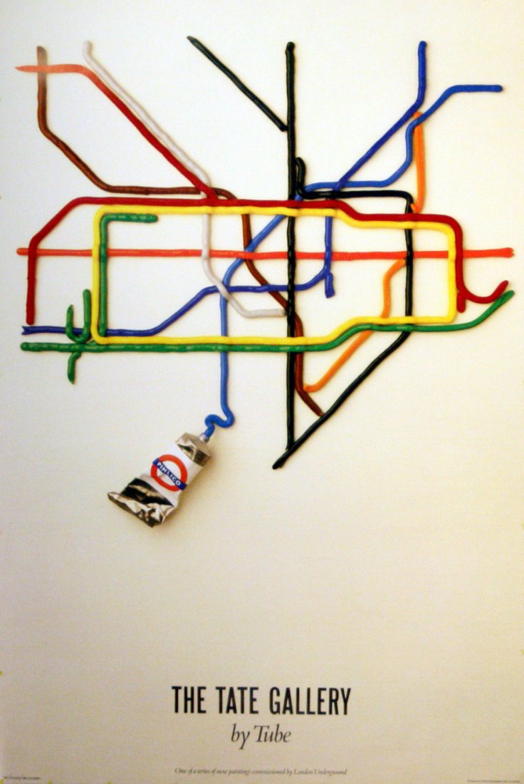 Original London Underground poster Tate Gallery D Booth: Original vintage London Underground poster advertising The Tate Gallery by Tube. Fantastic image with the tube lines depicted as paint traces and the paint tube shows the name (Pimlico) and location o