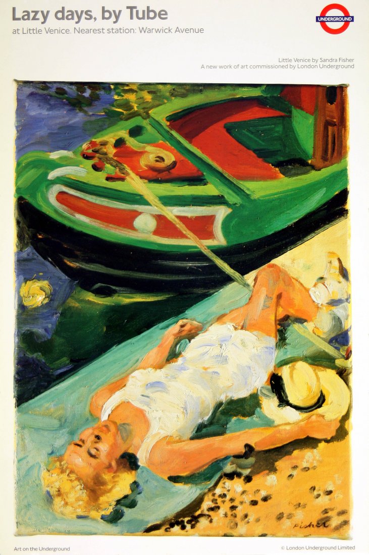 London Underground poster Little Venice Sandra Fisher: Original vintage London Underground poster - Lazy days, by tube at Little Venice. Nearest station: Warwick Avenue. Excellent condition, UK, 1991, artwork by Sandra Fisher, size 152x101cm.Part of the L