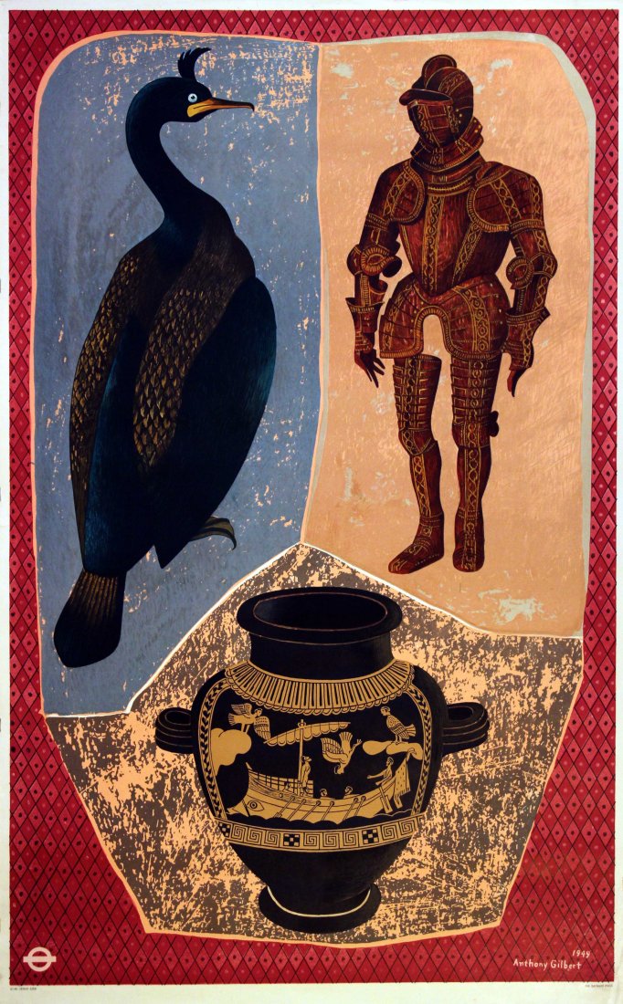 London Underground poster Museums Anthony Gilber 1949: Original vintage London Transport poster for London Underground Museums by the artist Anthony Gilbert (1916-1995). Enjoy your London, No 1 The Museums - entertainment comes before study in the London 