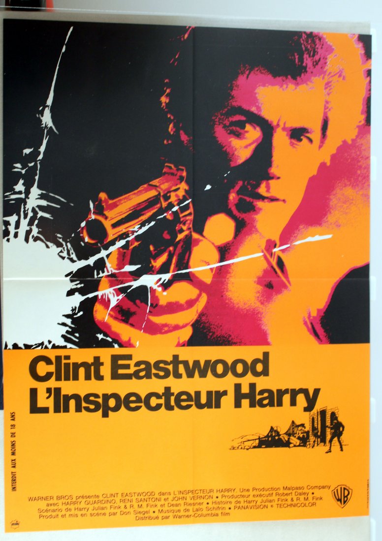 Original movie poster Dirty Harry Clint Eastwood: Original vintage film poster for a French release of Dirty Harry. Excellent condition, folded as issued, size 77x57.5cm, 1971When a mad man calling himself 'the Scorpio Killer' menaces the city, tough