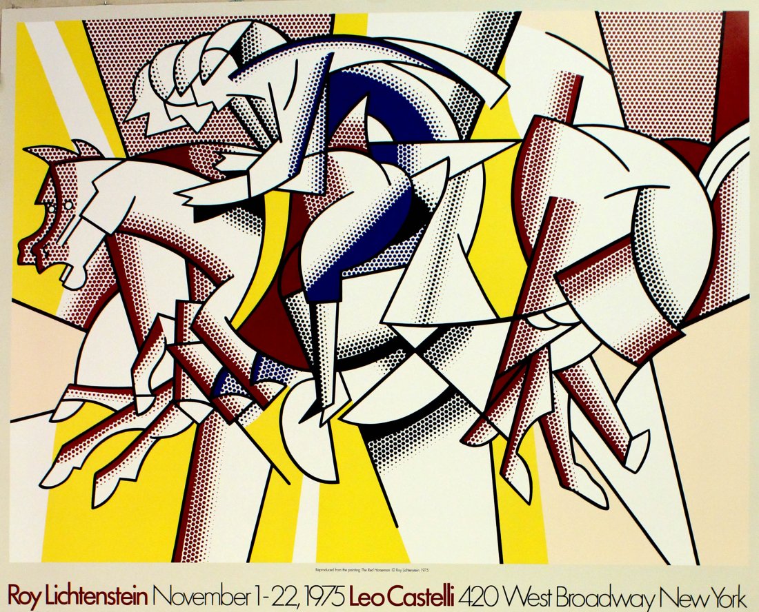 Original Poster Roy Lichtenstein Leo Castelli Gallery: Original vintage poster advertising a Roy Lichtenstein exhibition at the Leo Castelli Gallery in New York, 1-22 November 1975. Great image of The Red Horseman (1974) painting by one of the leading 20t