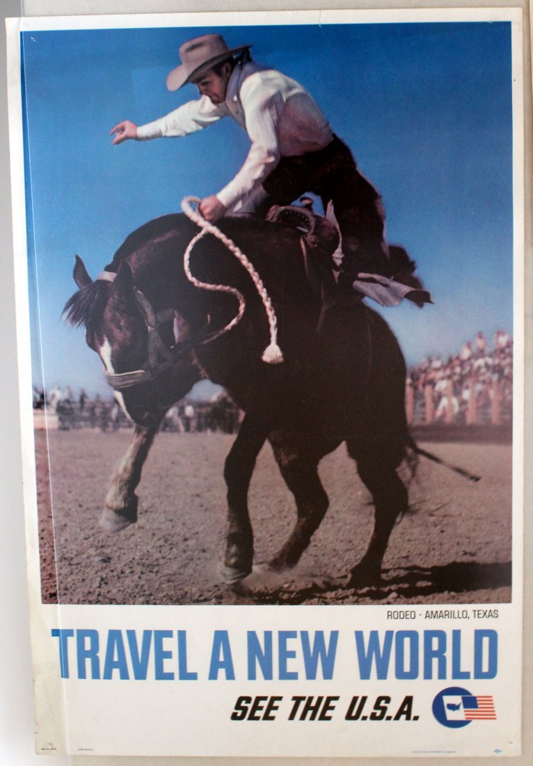 Original travel poster USA Rodeo Amarillo Texas: USA, Rodeo, Amarillo, Texas. Travel a new world. US Department of Commerce. Litho in USA. Good condition, pinholes, minor staining. 1960s. 76x51cm