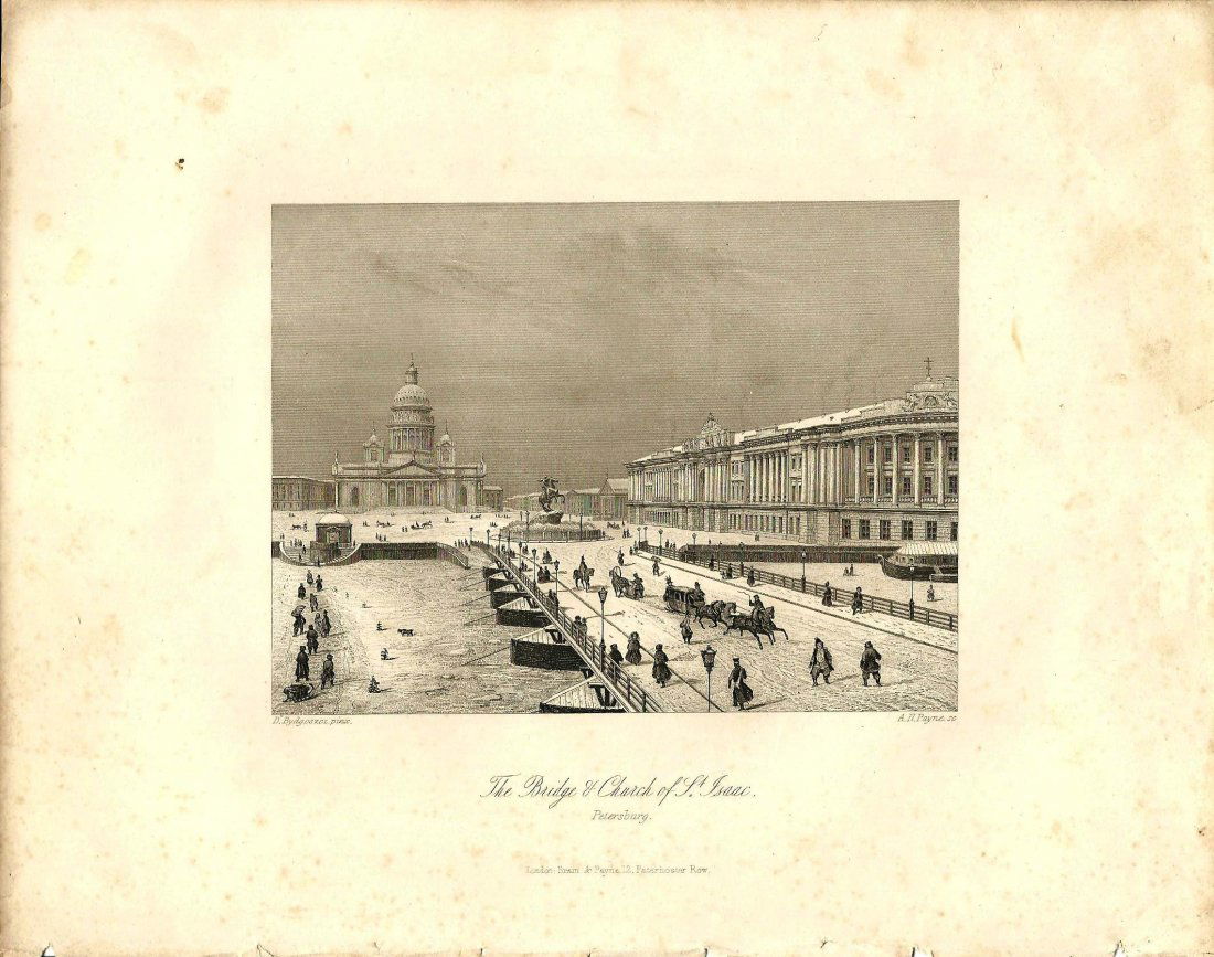 The Bridge and Church of St Isaac: The Bridge and Church of St Isaac Steel engraving of the Monument of Peter the Great in St Petersburg by D. Bydgoszcz, engraved by A. H. Payne, Brain & Payne, Paternoster Row, London, for Payne's