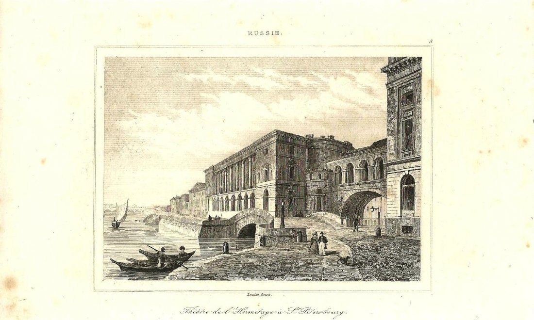 Russie Theatre de l'Hermitage a St Petersbourg: Theatre de l'Hermitage Engraving "Russie Theatre de l'Hermitage a St Petersbourg" by "Lemaitre, direxit." Image depicts a view towards the Hermitage with boatmen on the river and people on the embankm