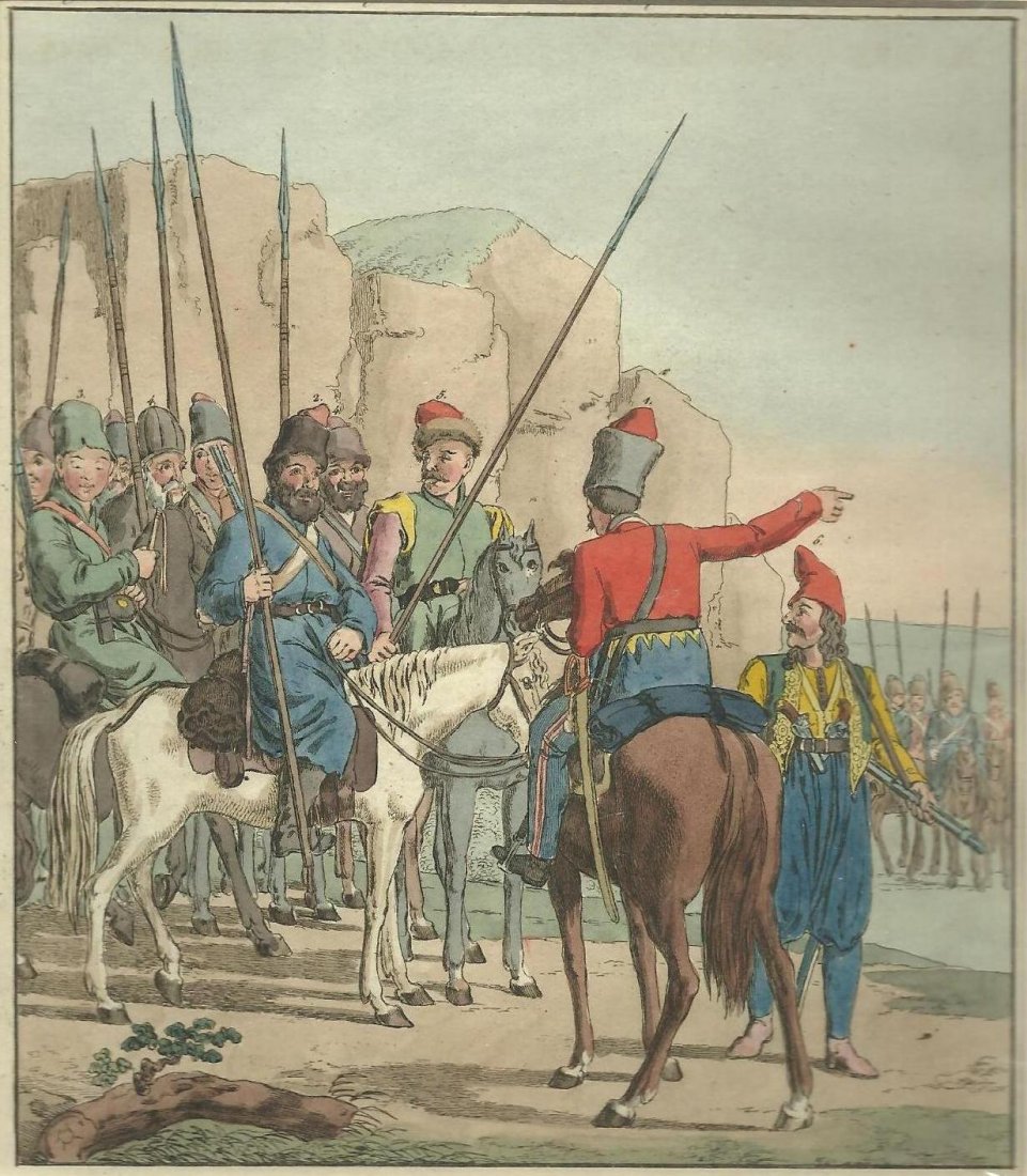 Russian Cavalry: Russian Cavalry Hand coloured engraving. Bertuch. Description of "Cavalerie Legere Irreguliere Russe" in French on reverse of mount (border measures 4.5cm top and bottom; 3.7cm left and right of image